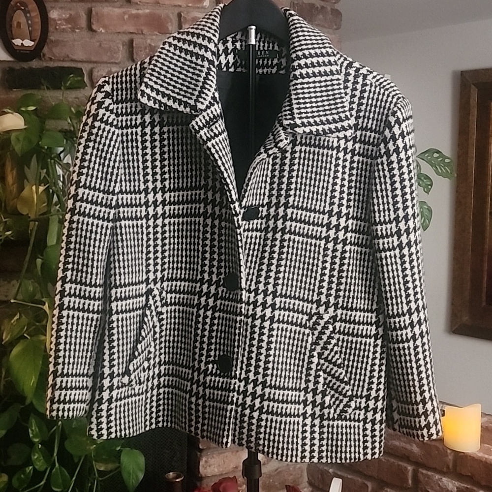 Lauren Ralph Lauren Houndstooth Wool Blend Cropped Pea Coat Black White - Picture 2 of 13